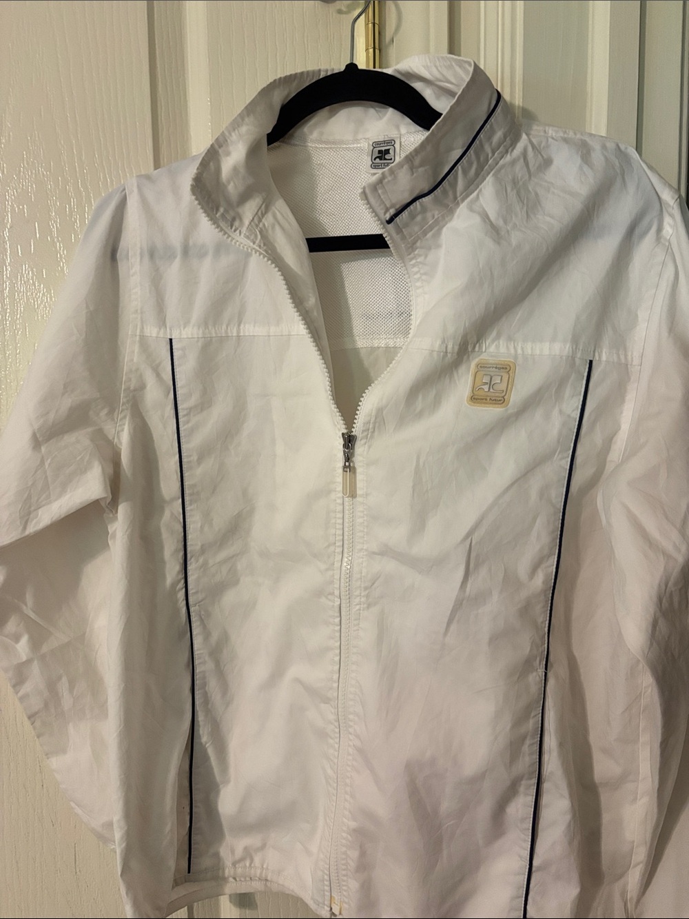 Courreges White Zip Front Windbreaker with Navy Piping